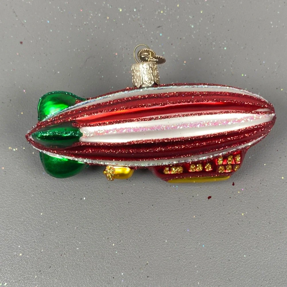 Old World Christmas Blimp & Candy Cane Glass Ornament Set Red Green Glitter